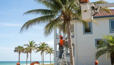 Tree service crew trimming a palm tree in Palm Harbor, FL