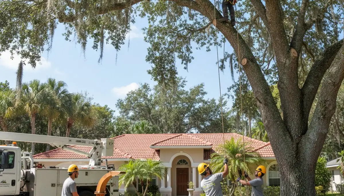Tree service crew in Palm Harbor, FL trimming trees for residential and commercial properties