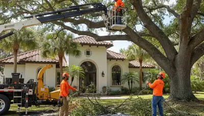 Tree service crew trimming a tree in Palm Harbor, FL for safe, professional maintenance