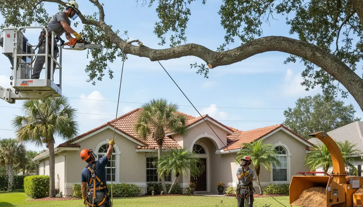 Tree service crew in Palm Harbor, FL trimming trees for safe, professional property maintenance
