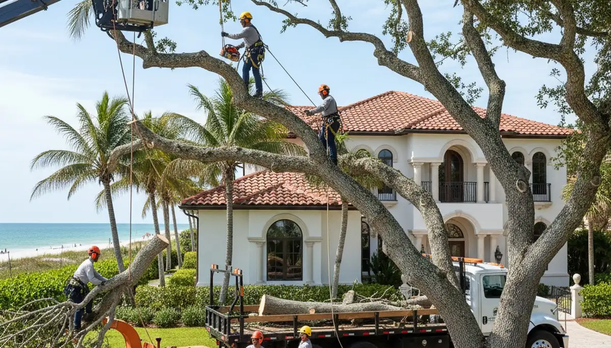 Tree service crew trimming trees in Palm Harbor, FL for safe, professional property care