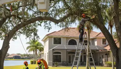 Professional tree trimming service crew in Palm Harbor, FL performing tree care on a residential property