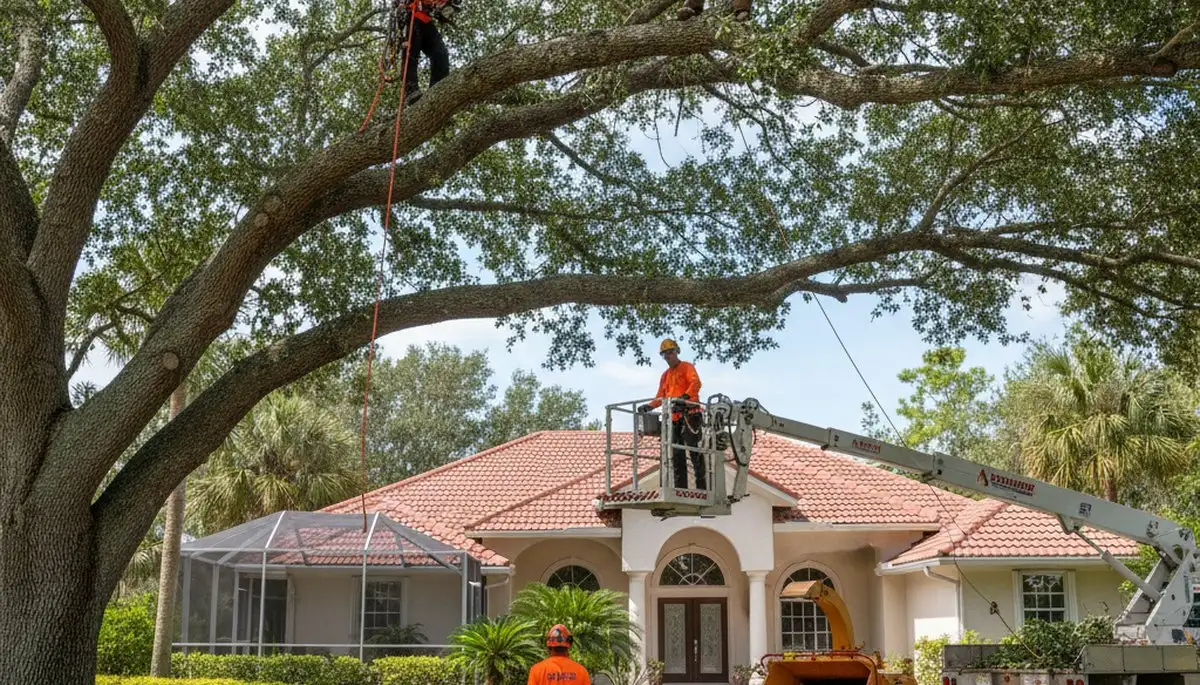 Palm Harbor, FL tree service crew trimming trees for residential property maintenance