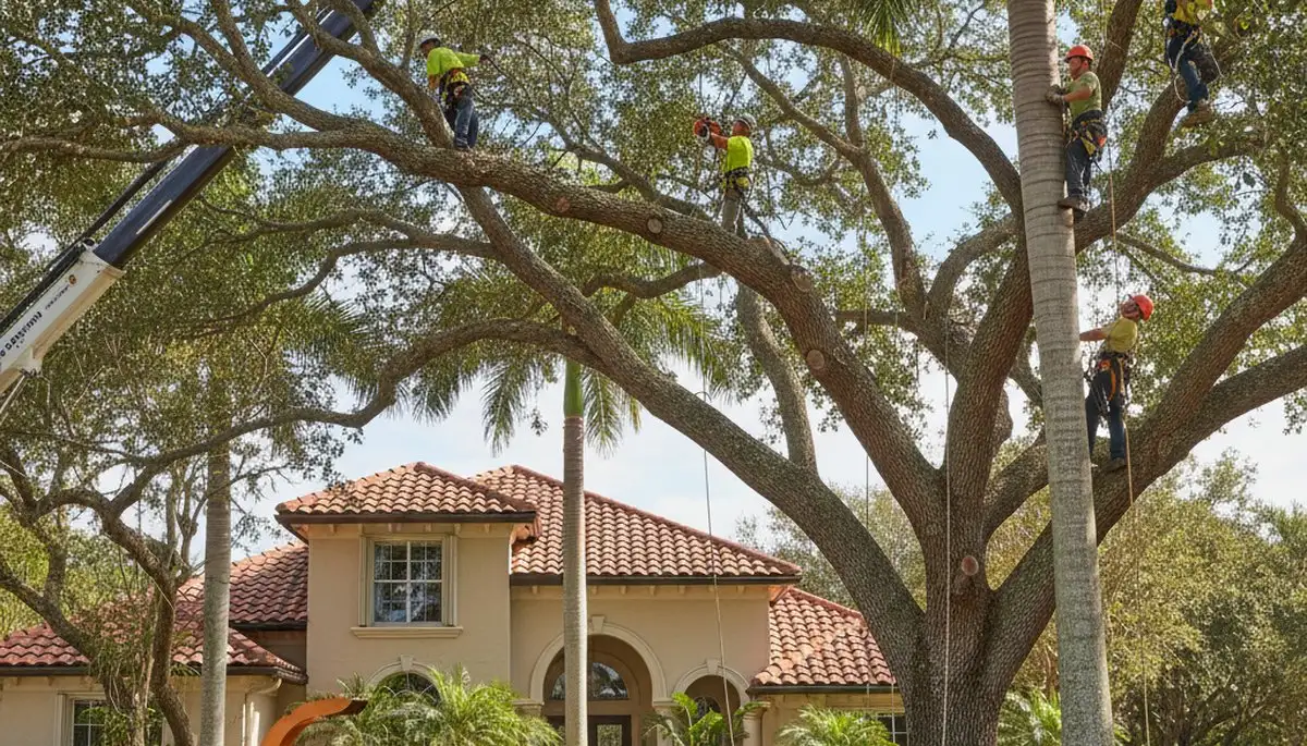 Tree service crew trimming trees in Palm Harbor, FL for safe, healthy property maintenance