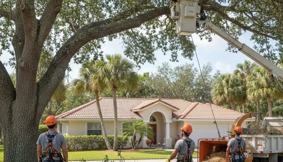 Tree service crew trimming trees in Palm Harbor, FL for safe, professional property care