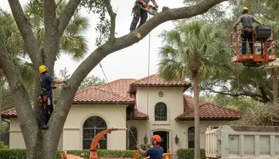 Tree service crew trimming trees in Palm Harbor, FL for safe, professional property care