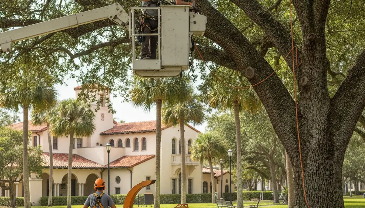Tree service crew trimming trees in Palm Harbor, FL for safe, professional property care