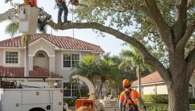 Tree service crew trimming a tree in Palm Harbor, FL for safe, professional property maintenance