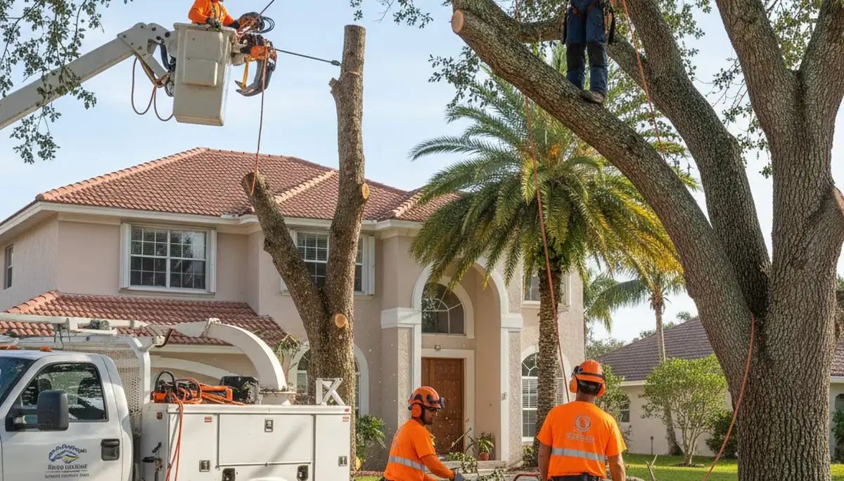 Tree service crew trimming trees in Palm Harbor, FL for safe, professional property maintenance
