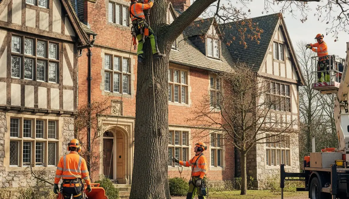 Tree service crew trimming trees in Palm Harbor, FL for safe, healthy landscaping