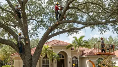 Tree service crew in Palm Harbor, FL trimming trees for safe, professional property maintenance