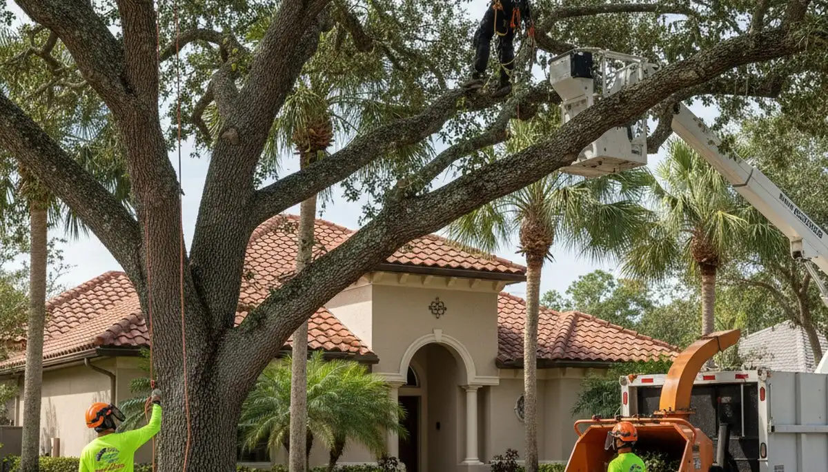 Tree service crew in Palm Harbor, FL trimming trees for safe, professional property maintenance