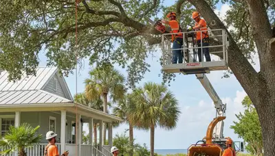 Tree service crew trimming trees in Palm Harbor, FL for safe, professional property care