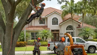 Tree service crew trimming trees in Palm Harbor, FL for safe, professional landscape care